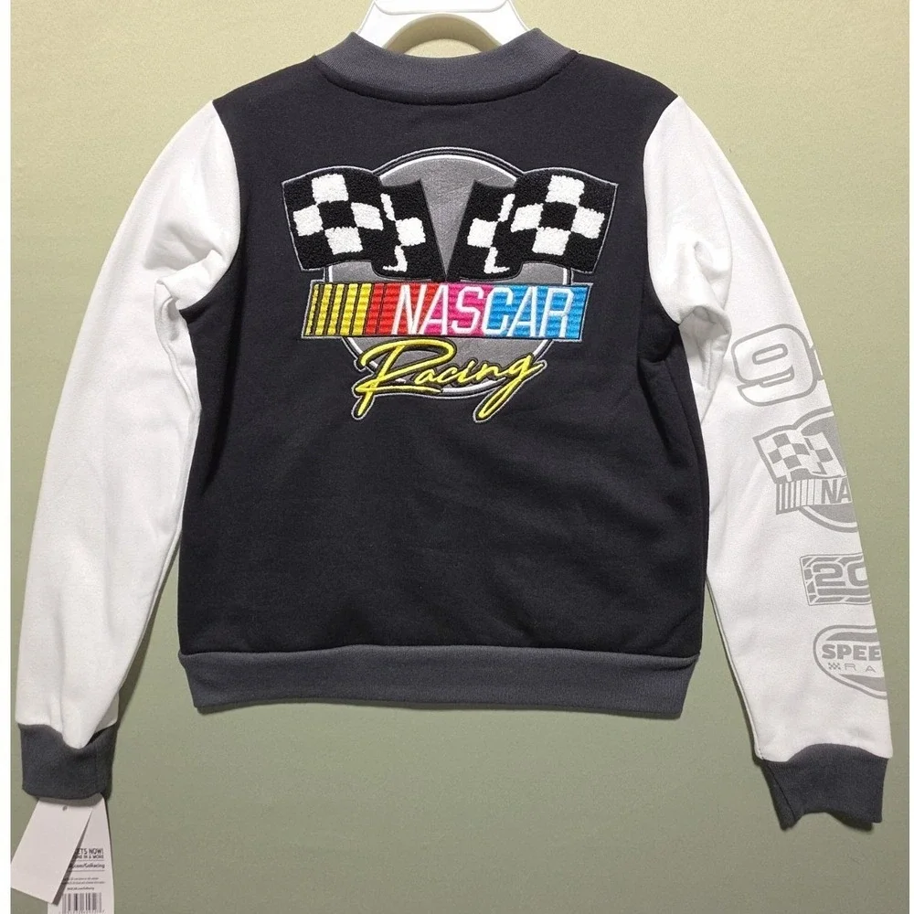 NASCAR Boys Fleece Lightweight Varsity Jacket, Embroidered Emblems, MED (10/12)
